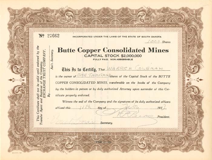 Butte Copper Consolidated Mines - Stock Certificate